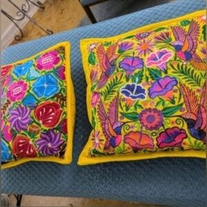Handmade Yellow Floral Embroidered Throw Pillow - Vibrant Multicolor